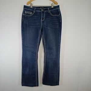 Love Indigo Y2K Bootcut Jeans Size 12 Embroidered Cross Pocket Dark Wash Denim